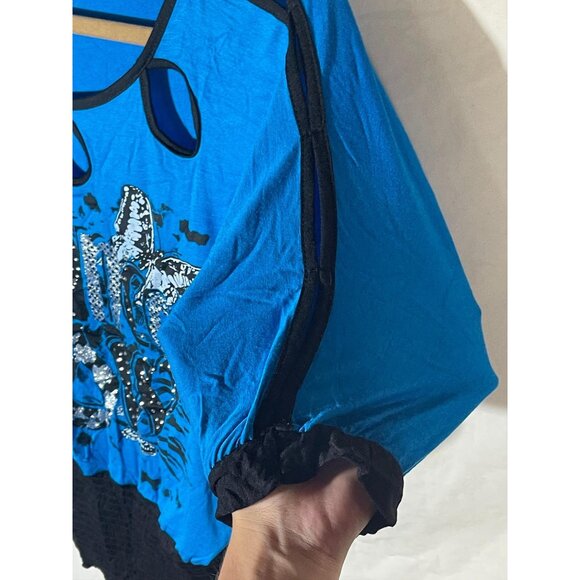 lady fashion short sleeve shirt blue black embellished butterfly medium READ - Picture 6 of 14